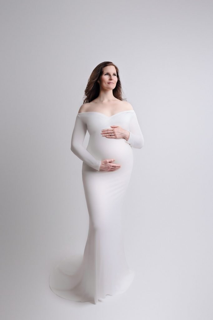 West Vancouver Maternity Photographer woman in white dress