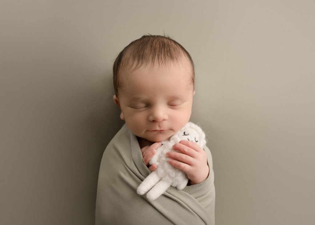 Vancouver Newborn Photography Baby boy on sage background holding a sheep