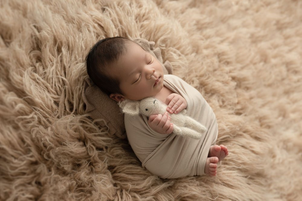 Newborn Photography Vancouver baby sleeping on a float holding a bunny